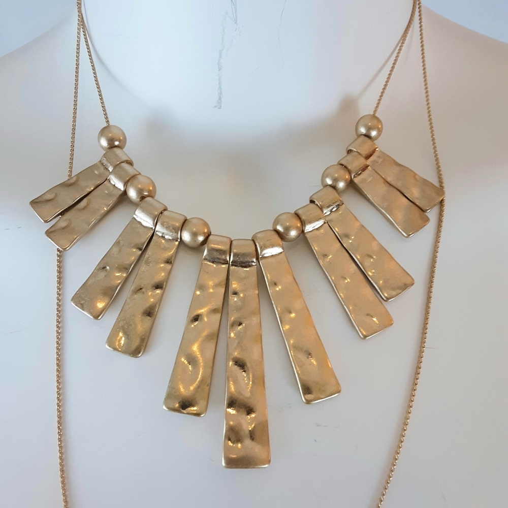 Hammered Gold-Tone Fan Bar Statement Necklace